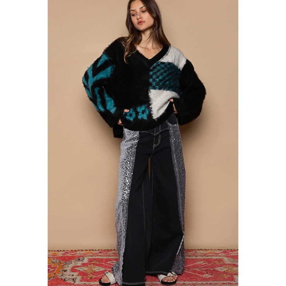 POL Floral Sequin & Velvet Side Stripe Wide Leg Jeans - Picture 7 of 14